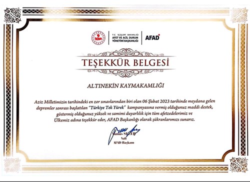 AFAD BAŞKANLIĞINDAN ALTINEKİN'E TEŞEKKÜR